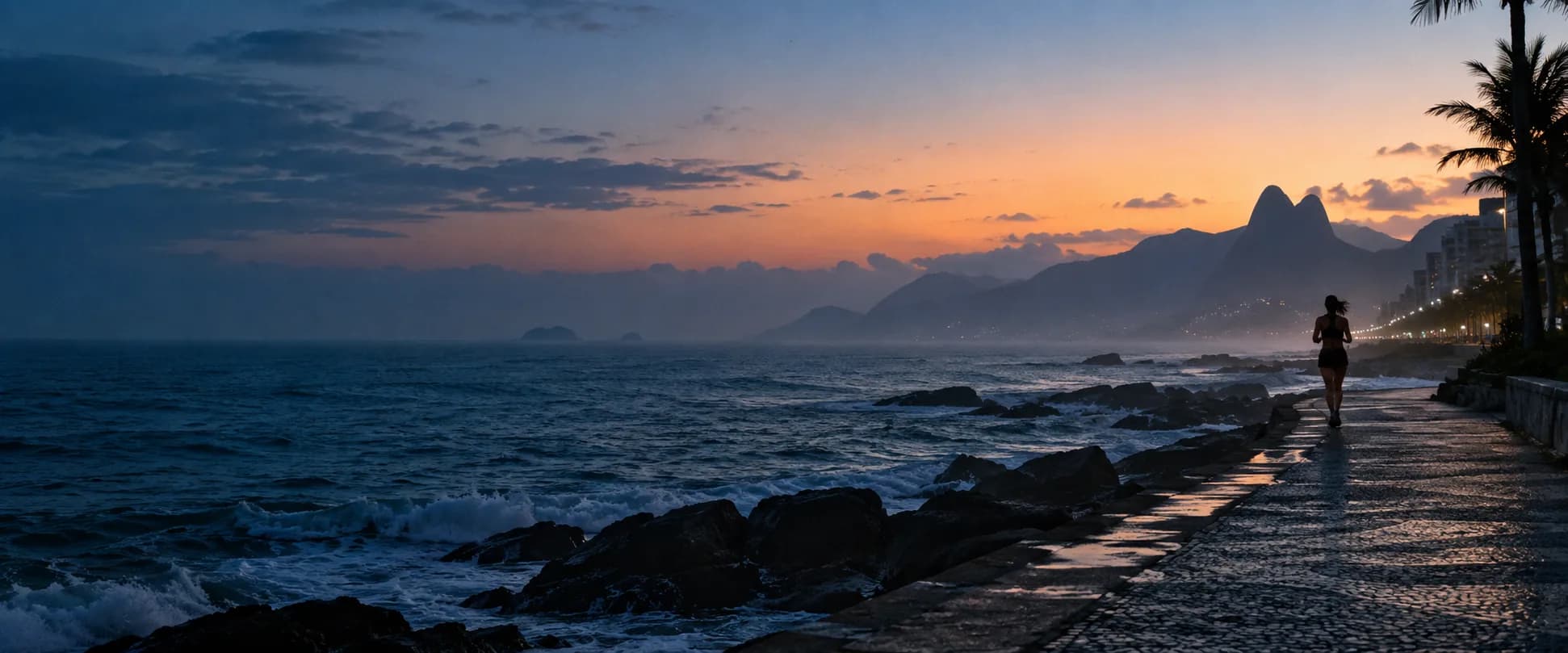 AI-generated atmosphere image: coast at dawn and an anonymous runner far away. Not a portrait of Camila.