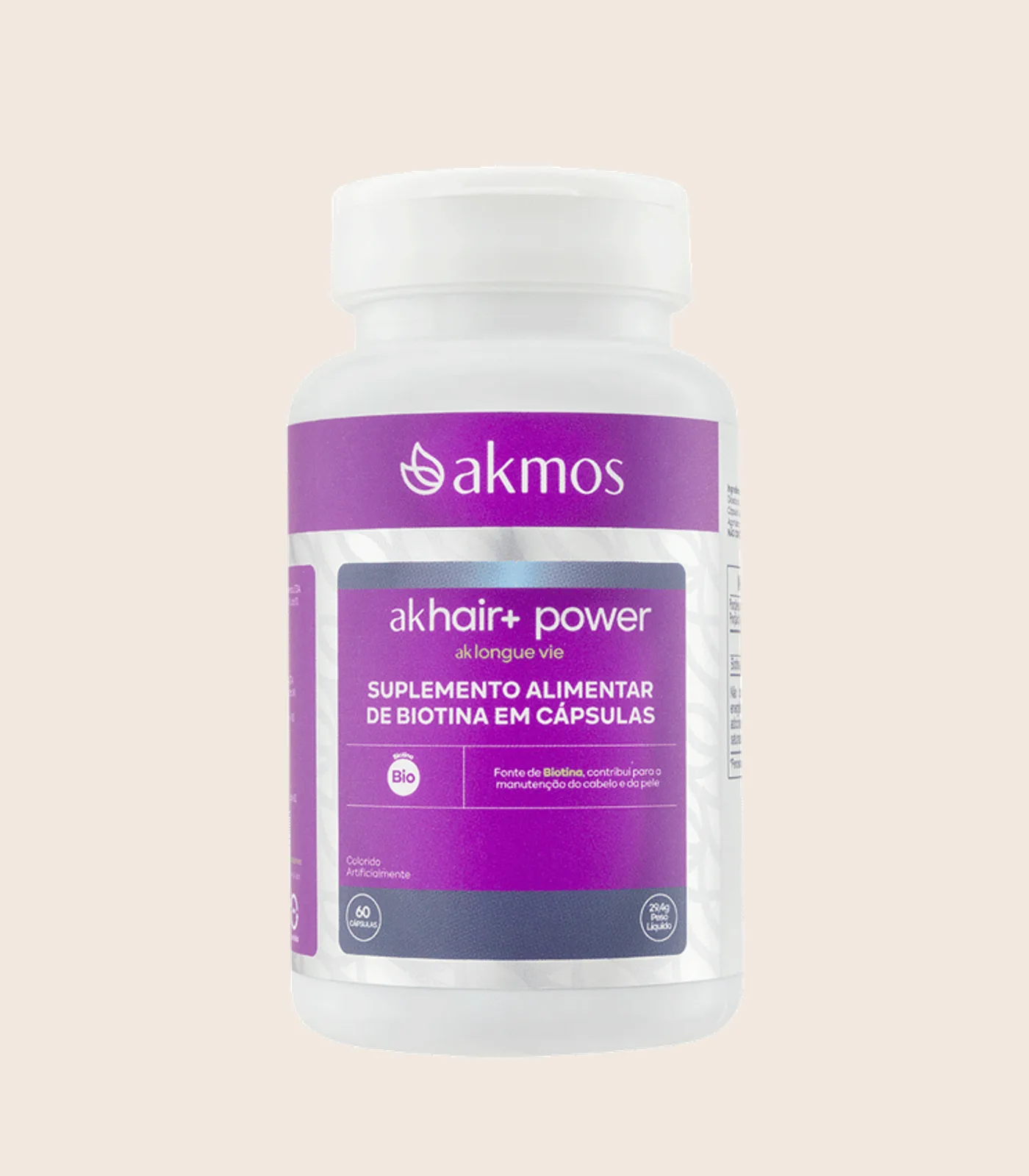 AK Hair+ Power, embalagem Akmos sobre fundo areia.