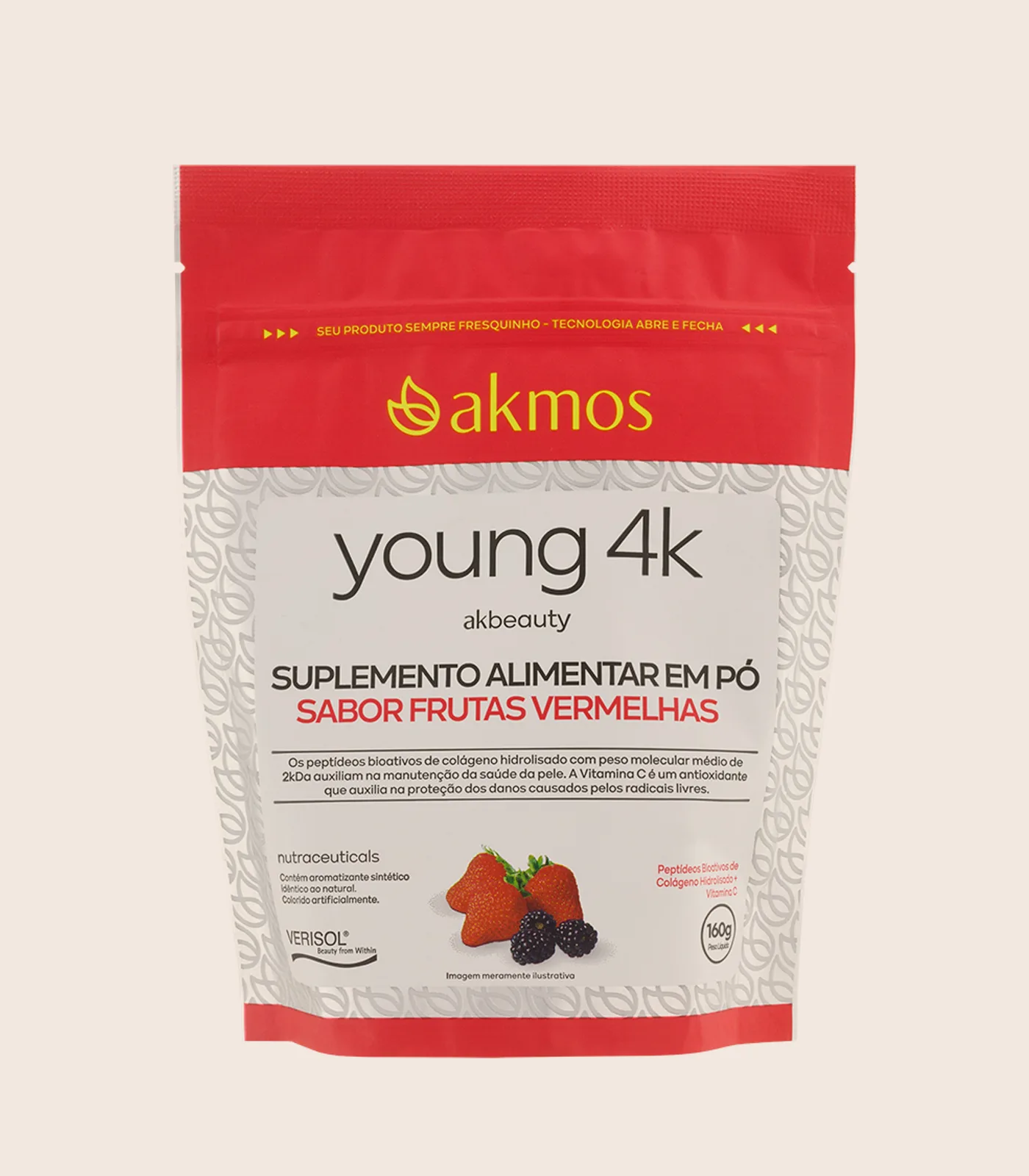 Colágeno Young 4K, embalagem Akmos sobre fundo areia.