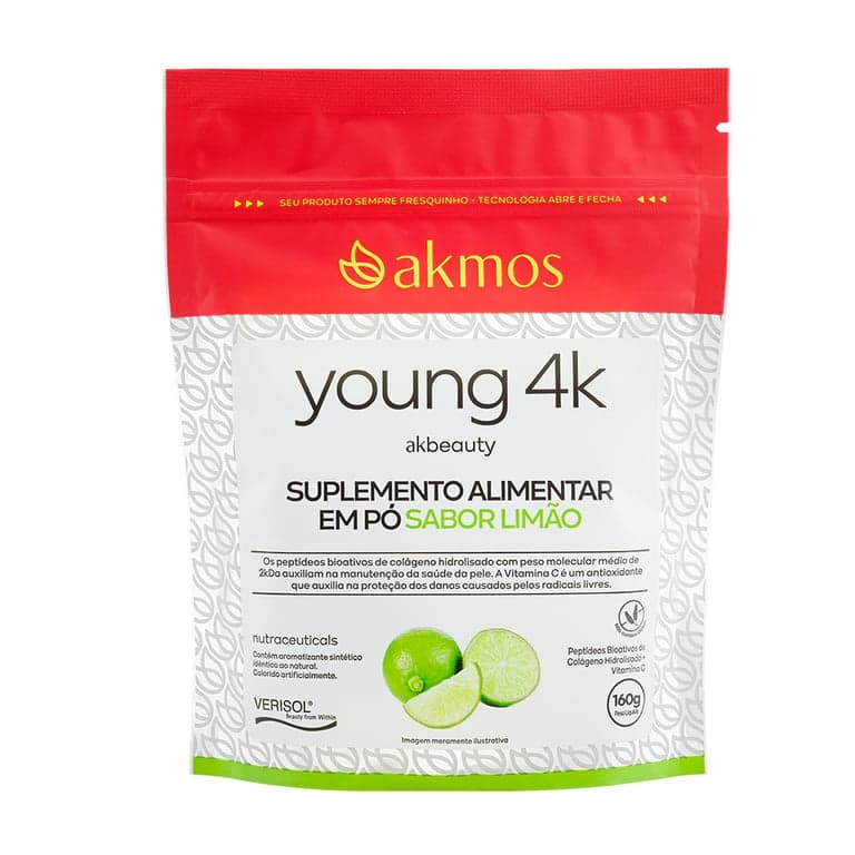 Embalagem do Young 4K akbeauty, suplemento em pó com Verisol, sabor limão, 160 g. Foto da Akmos.