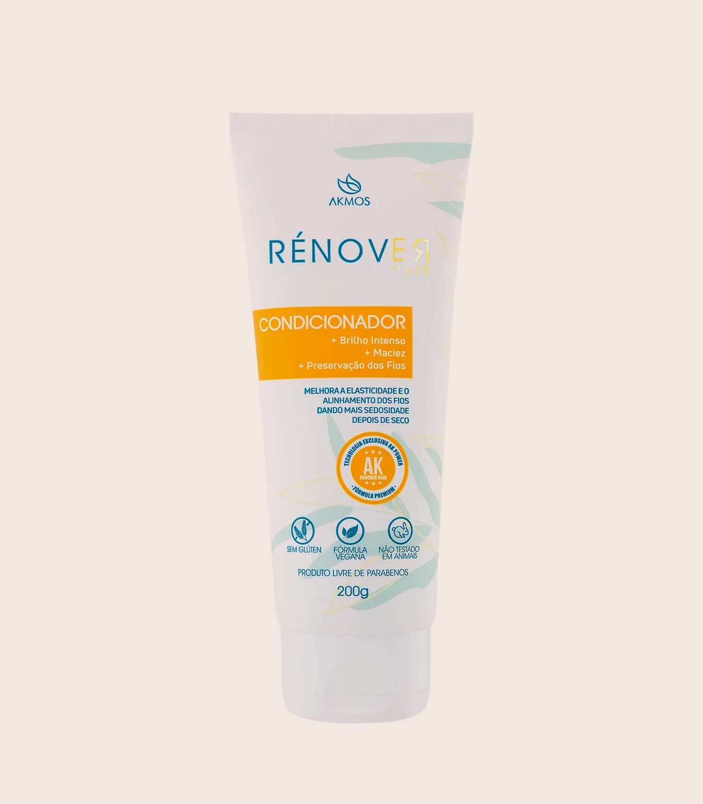 Condicionador Rénover Hair, embalagem Akmos sobre fundo areia.