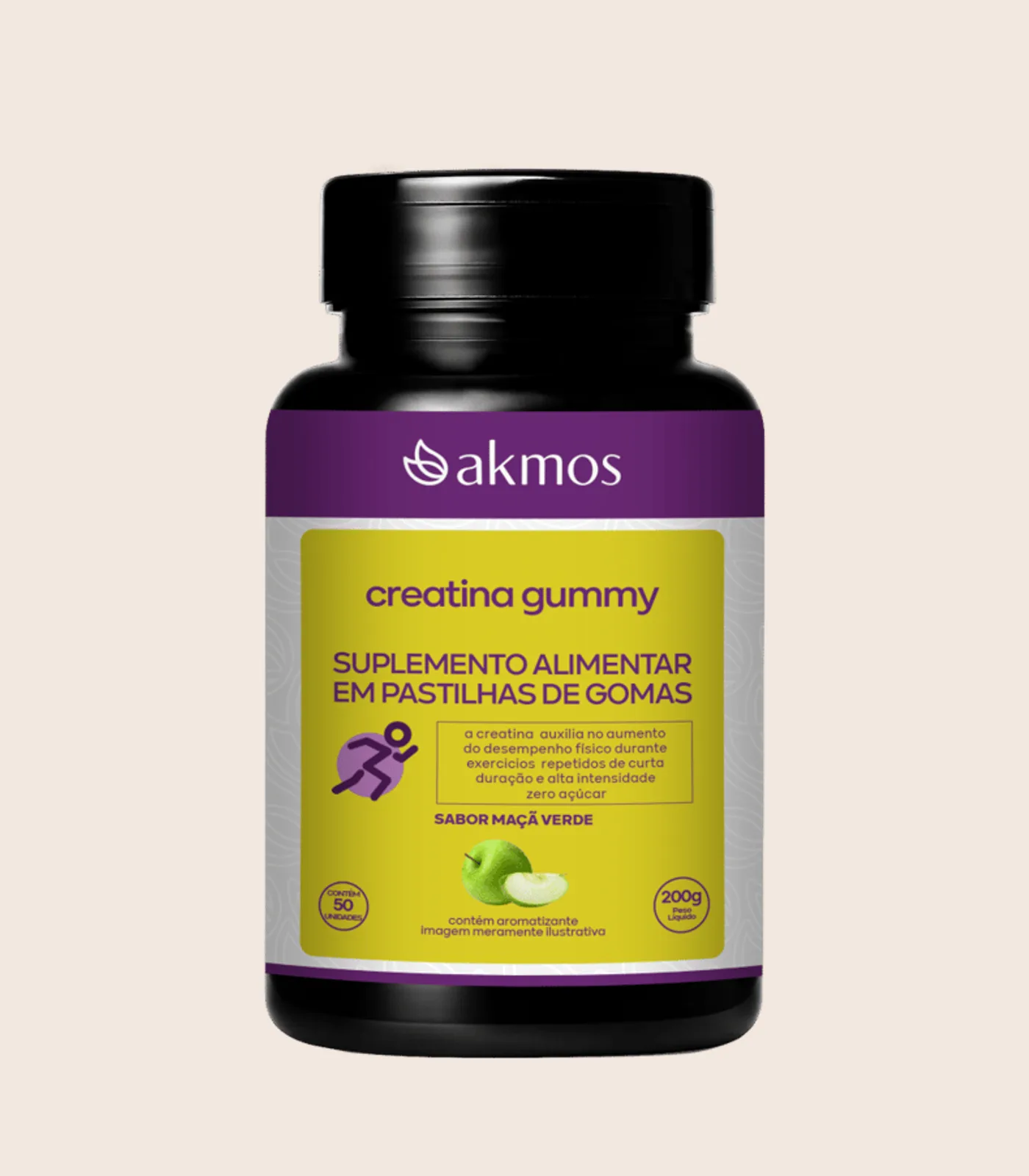 Creatina Gummy, embalagem Akmos sobre fundo areia.
