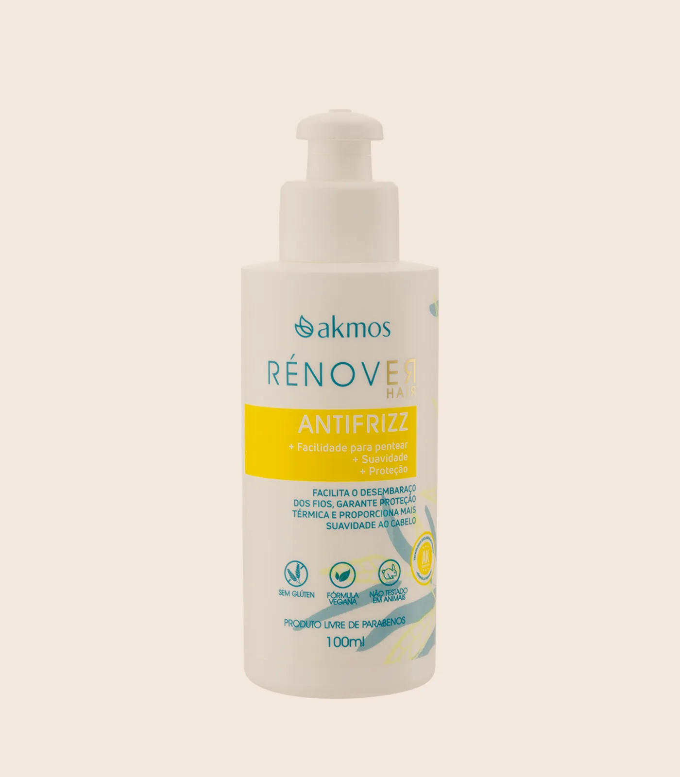 Creme antifrizz Rénover Hair, embalagem Akmos sobre fundo areia.