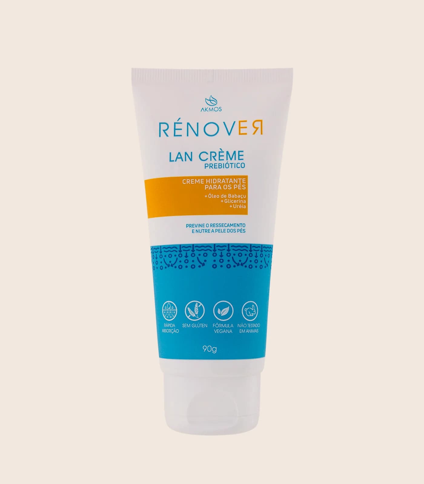 Creme para os pés Rénover Lan Creme, embalagem Akmos sobre fundo areia.