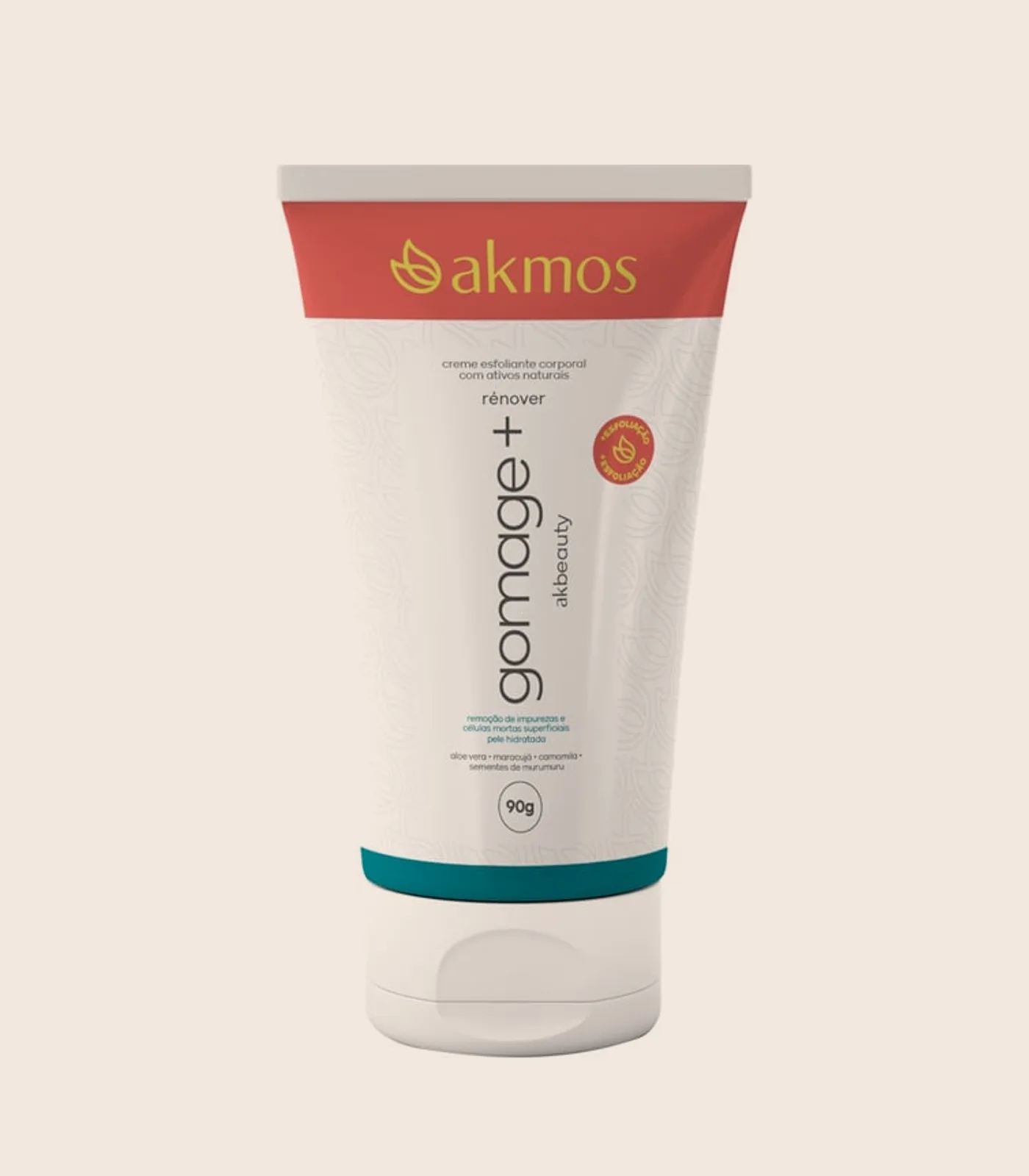 Esfoliante Rénover Gomage+, embalagem Akmos sobre fundo areia.