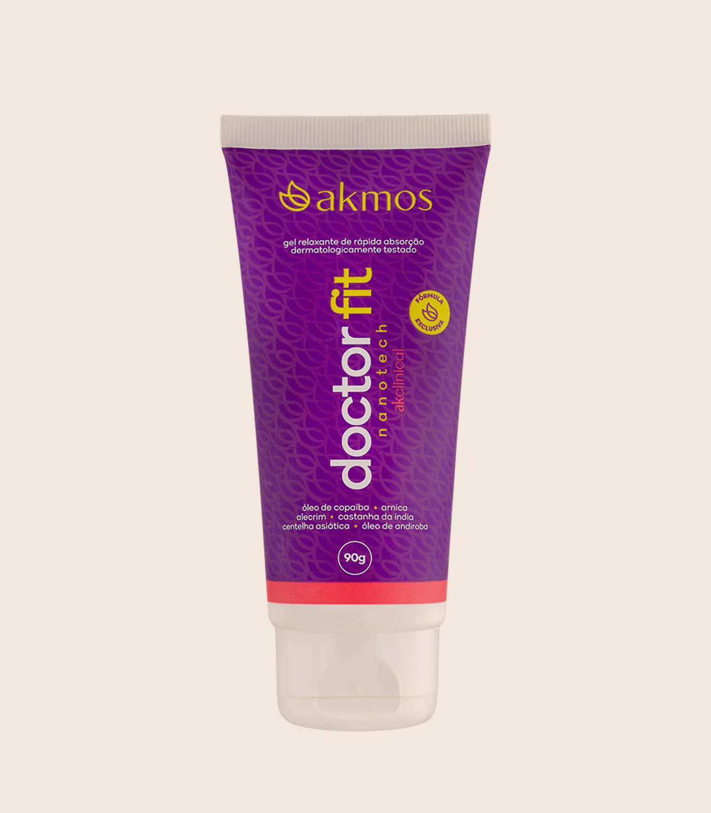 Gel de massagem Doctor Fit Nano, embalagem Akmos sobre fundo areia.
