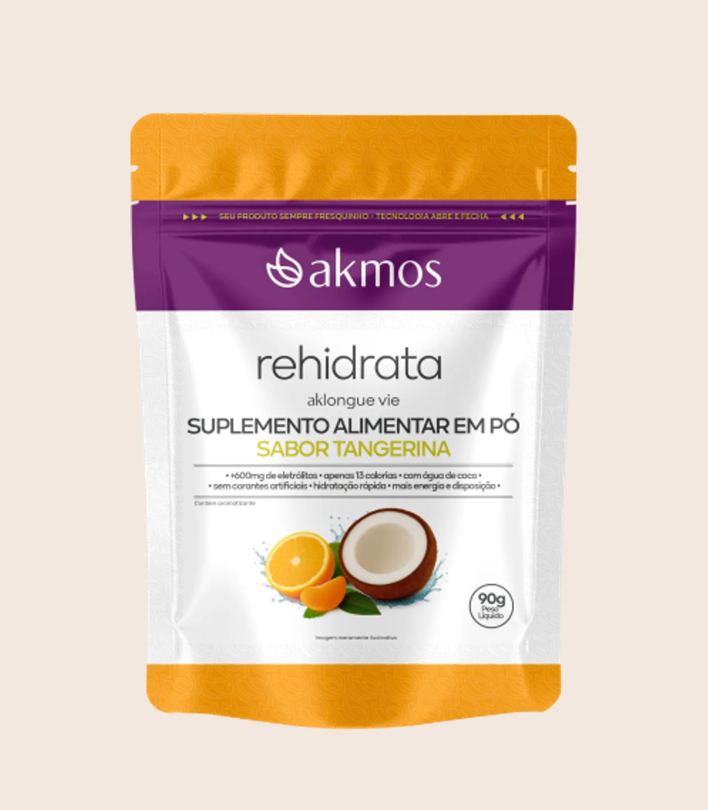 Isotônico Rehidrata, embalagem Akmos sobre fundo areia.
