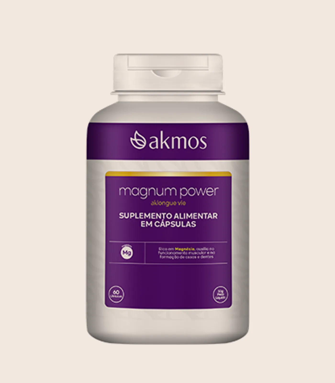 Magnum Power magnésio, embalagem Akmos sobre fundo areia.