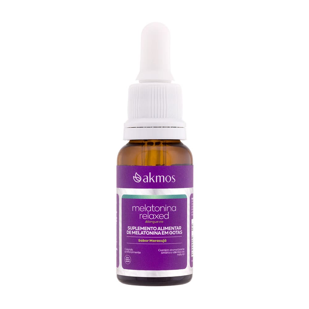 Frasco e caixa da Melatonina Relaxed da Akmos, 20 ml, sabor maracujá. Foto da Akmos.