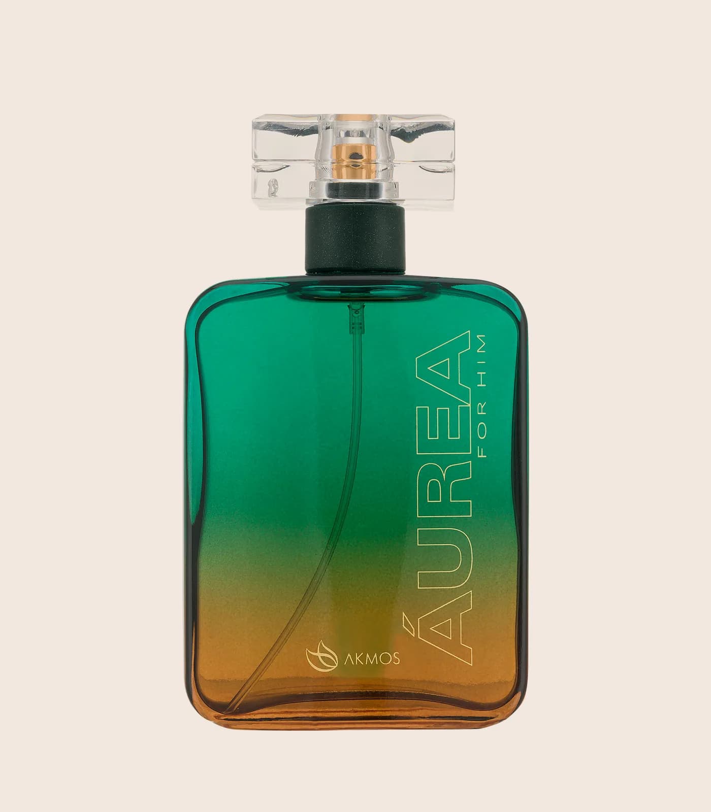 Perfume Aurea For Him, embalagem Akmos sobre fundo areia.