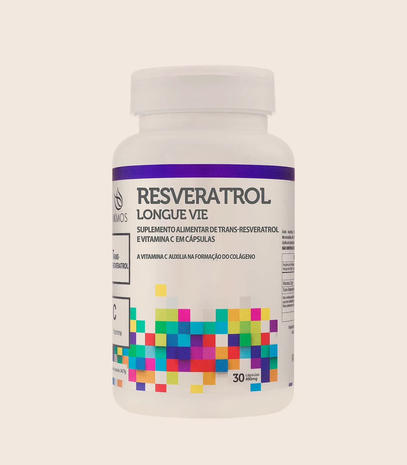 Resveratrol Longue Vie, embalagem Akmos sobre fundo areia.