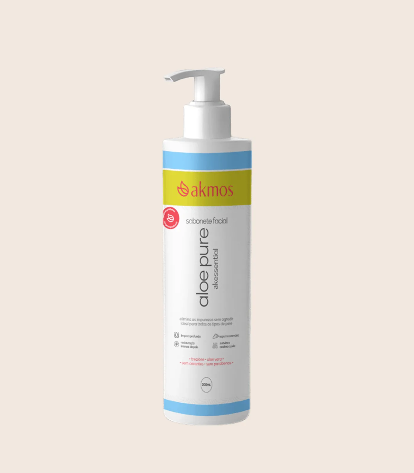 Sabonete facial Aloe Pure, embalagem Akmos sobre fundo areia.