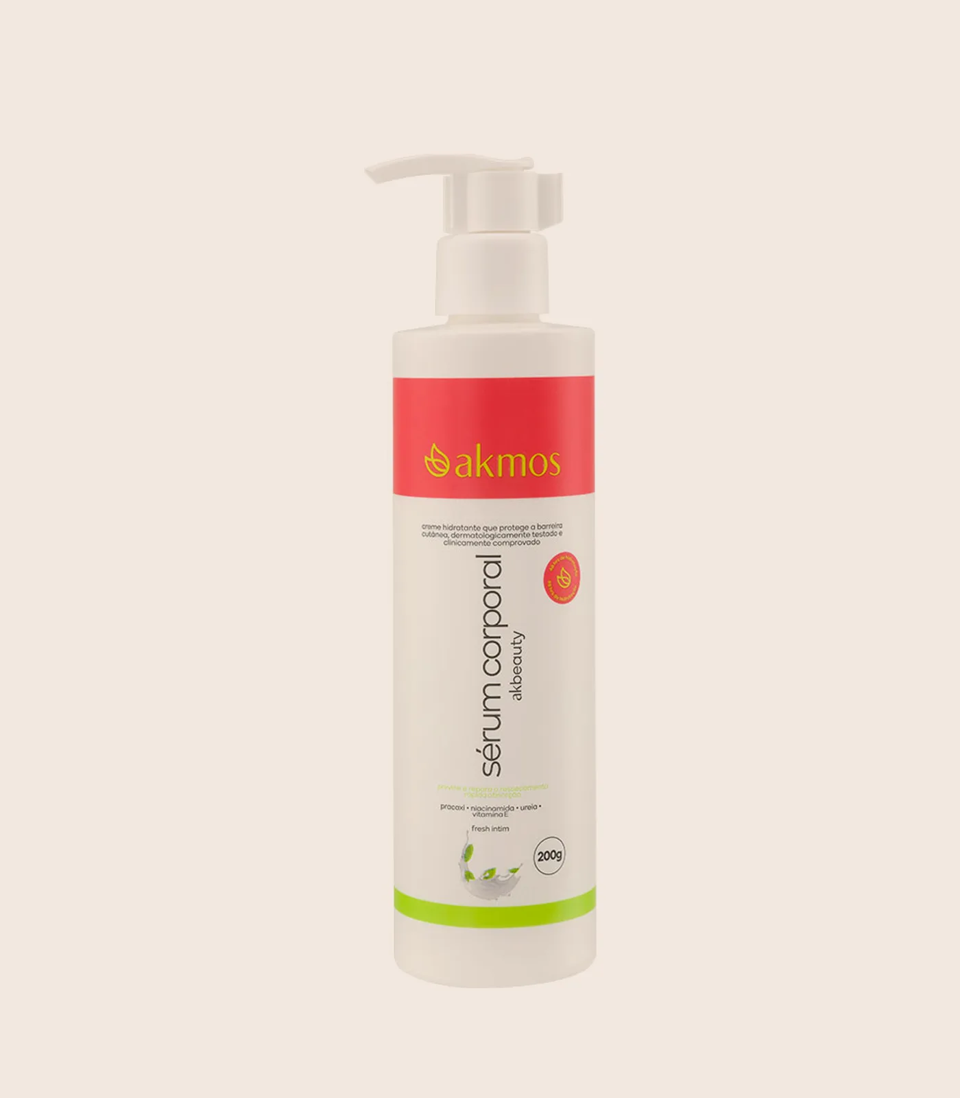 Sérum hidratante corporal Fresh Intim, embalagem Akmos sobre fundo areia.