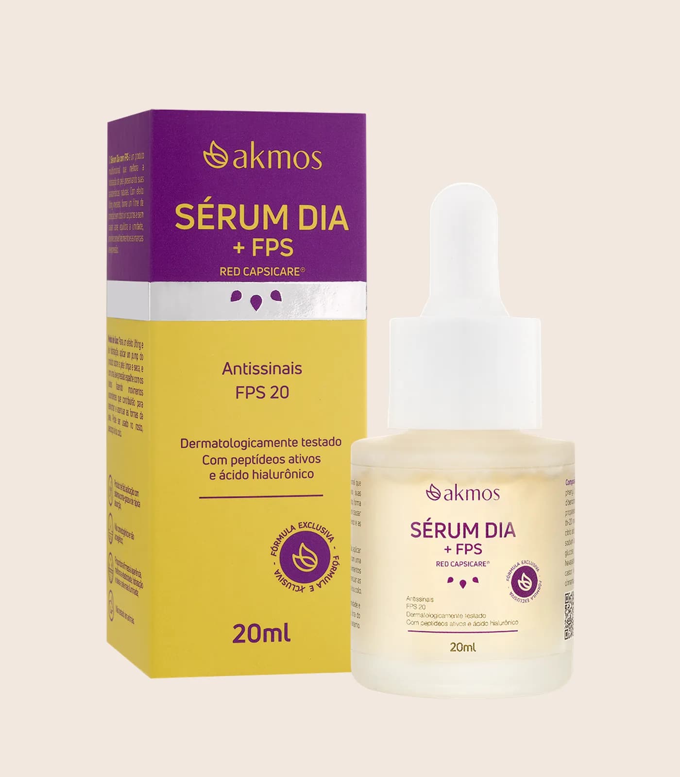 Sérum dia FPS 20 Red Capsicare, embalagem Akmos sobre fundo areia.