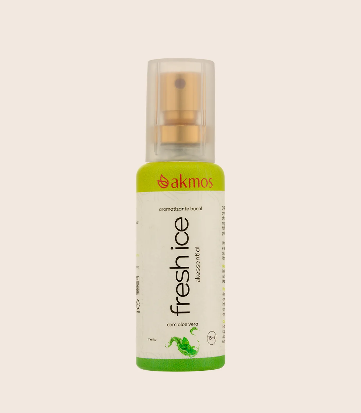 Spray bucal Fresh Ice, embalagem Akmos sobre fundo areia.