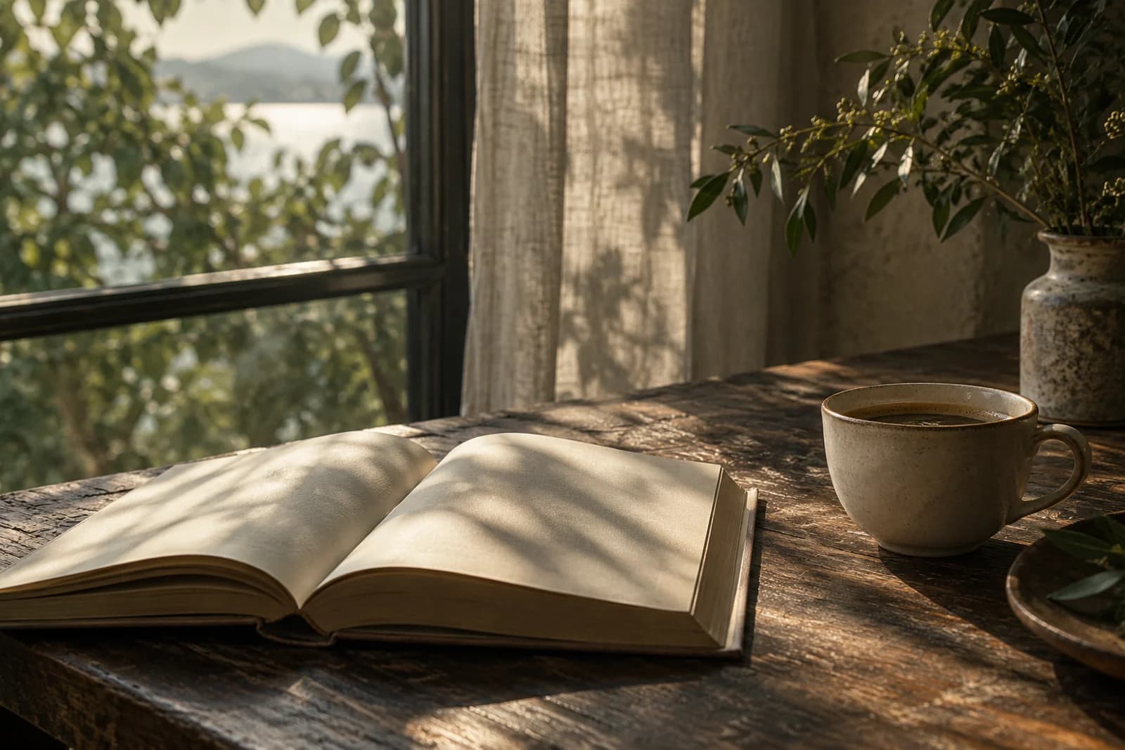 Libro abierto y taza de cerámica junto a la ventana, imagen de atmósfera generada por IA. No es el libro de Camila.