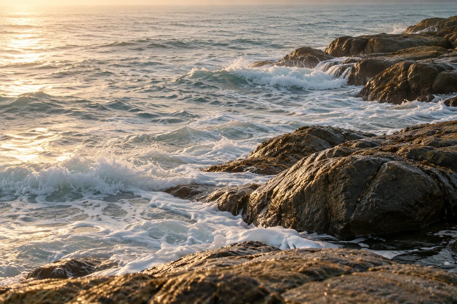 Waves over dark rocks at dawn, AI-generated atmosphere scene. Not an identified place.