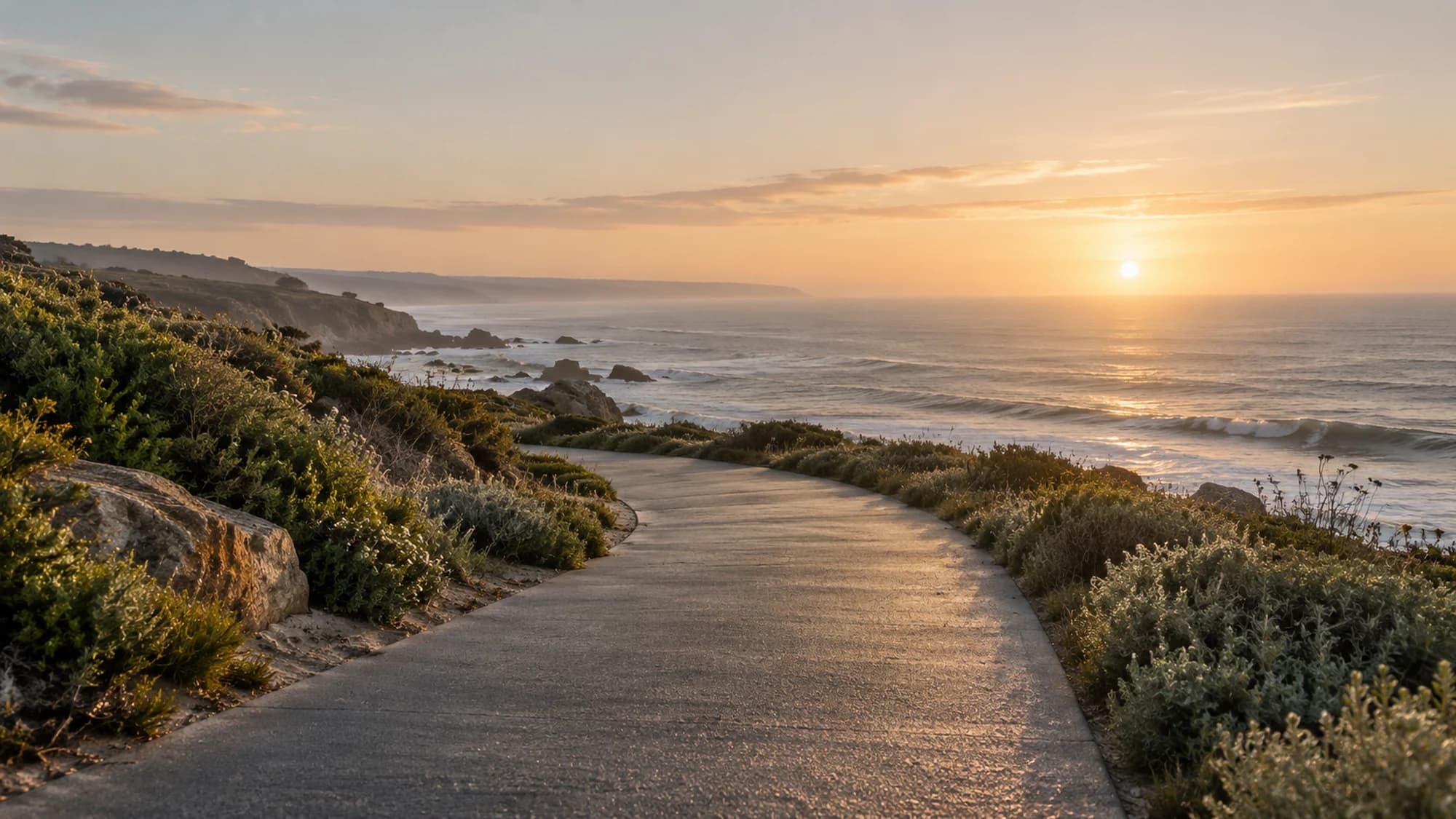 Empty coastal running path at dawn, AI-generated atmosphere image. Not the Beira-Mar.