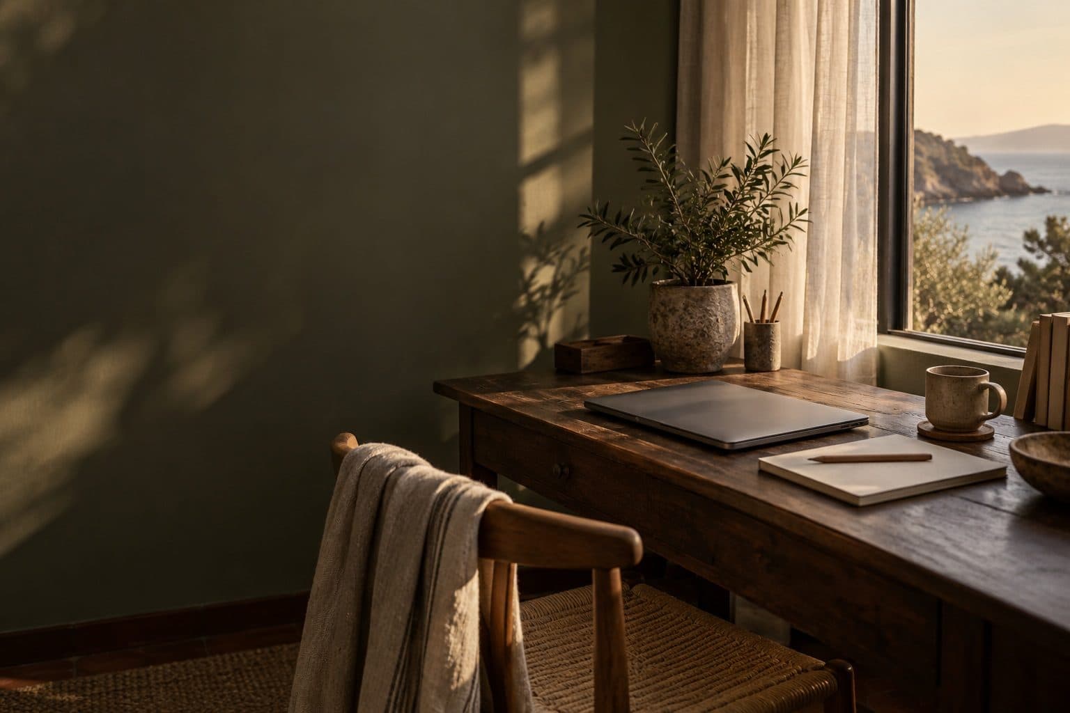 Desk by a window with a sea view, AI-generated atmosphere scene. Not Camila's office.