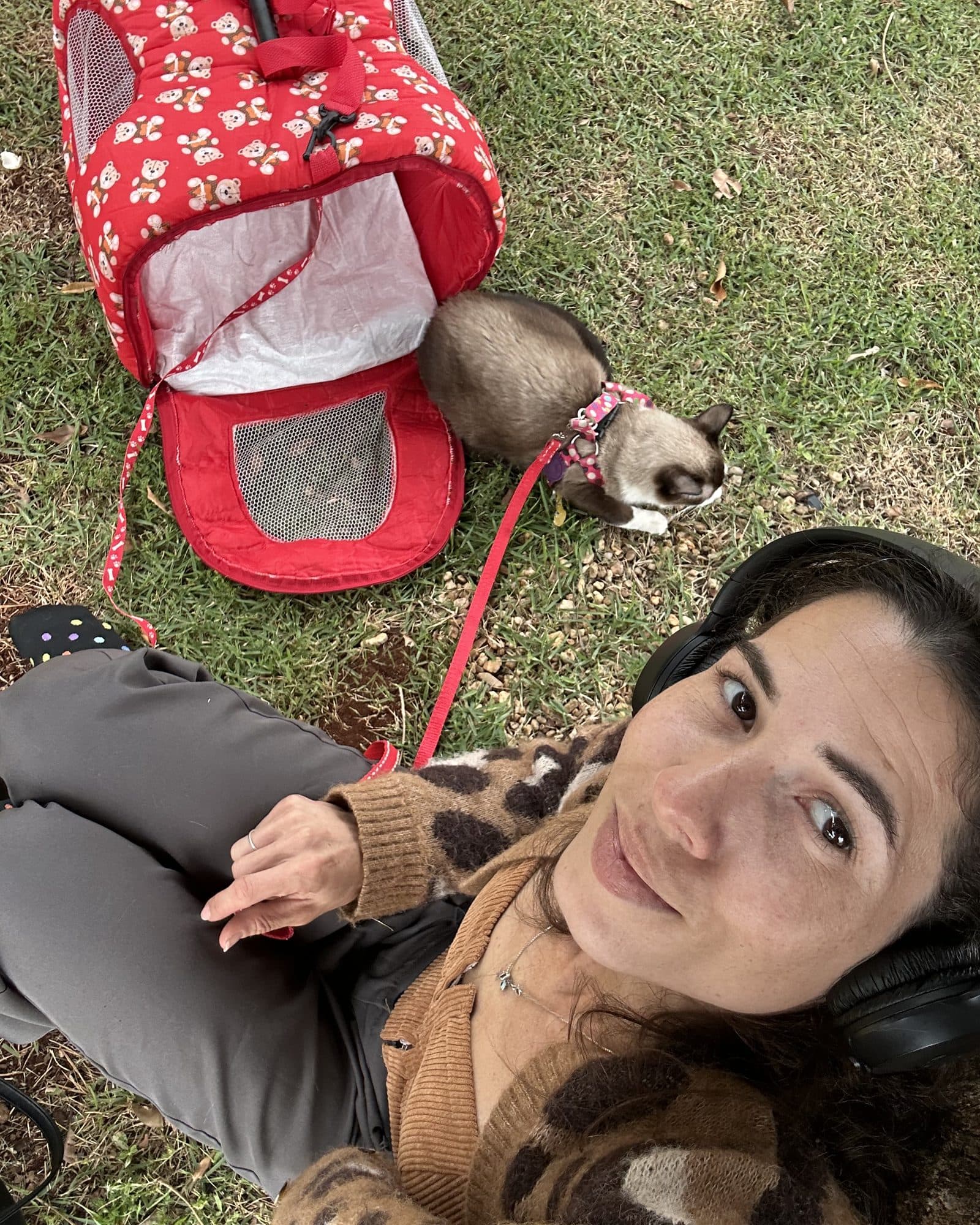 Camila tumbada en el césped sonríe a la cámara; detrás, un gato siamés con correa junto a su transportadora.