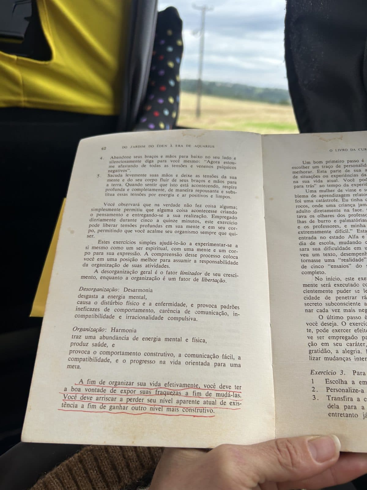 An open book in her hands, inside the bus, window alongside.