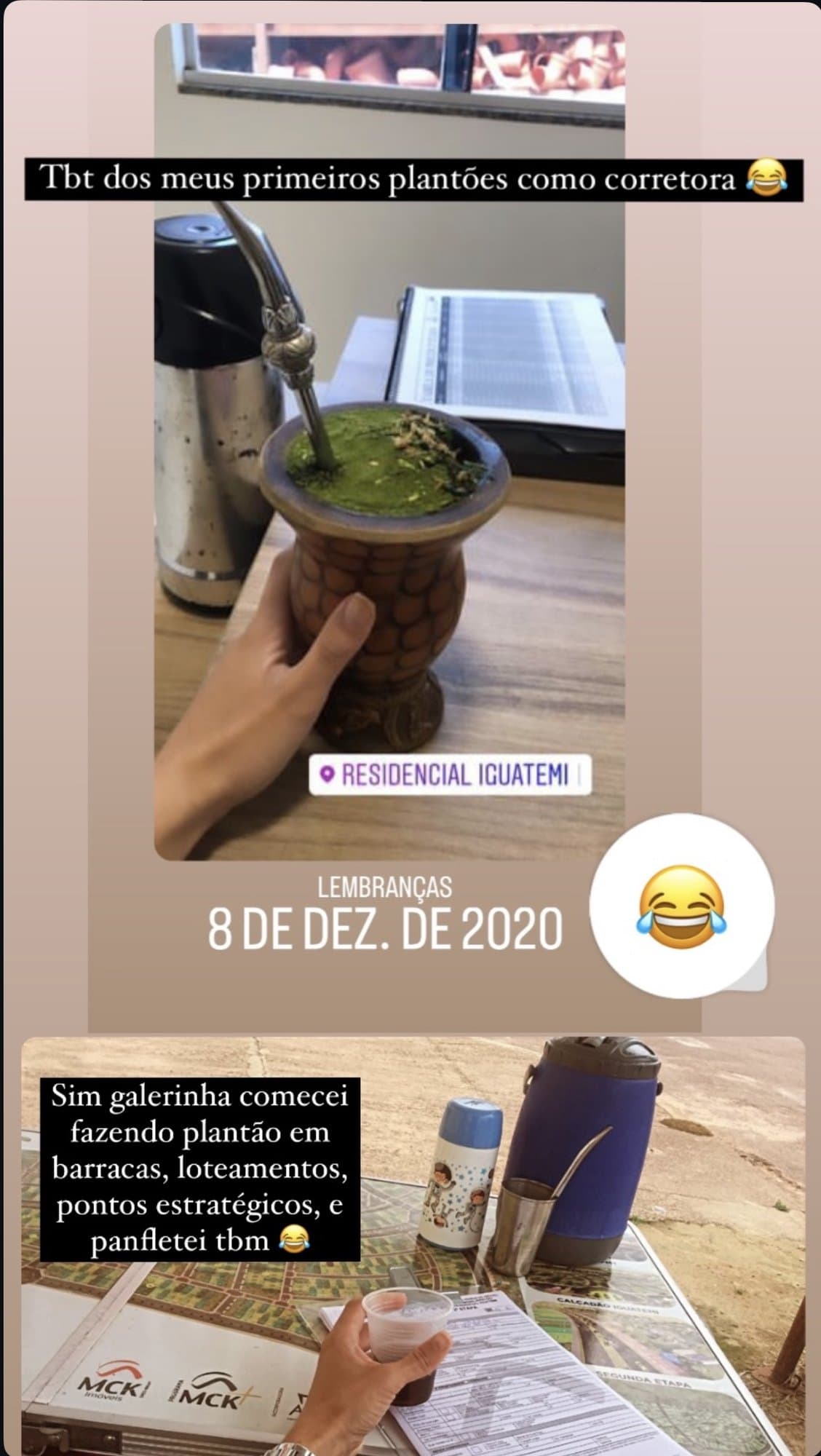 Collage de historias: arriba, una mano sostiene un mate junto a un termo y una carpeta; abajo, una mesa de puesto de ventas con el mapa de un loteo, un termo y un vasito de café.